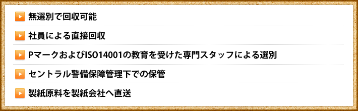 ・無選別で回収可能・社員による直接回収・PマークおよびISO14001の教育を受けた専門スタッフによる選別・セントラル警備保障管理下での保管・製紙原料を製紙会社へ直送